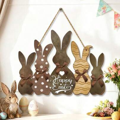 1pc Easter Happy Wooden Hanging Door Sign With Rabbit Decorations | Rustic Style Wooden Wall Hanging, Suitable For Family Gatherings, Decorative Sign And Plaque Easter Party Decorations, Festive Home Living Room Ornaments