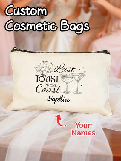 1 pieza Bolsa de aseo personalizada para despedida de soltera, diseño personalizado "Last Toast On The Coast" con copa de champán, organizador de maquillaje y cosméticos para viajes de la fiesta nupcial, regalo de temporada de bodas, favor de dama de honor, bolsa de viaje para playa y viaje de chicas para la novia y sus amigas