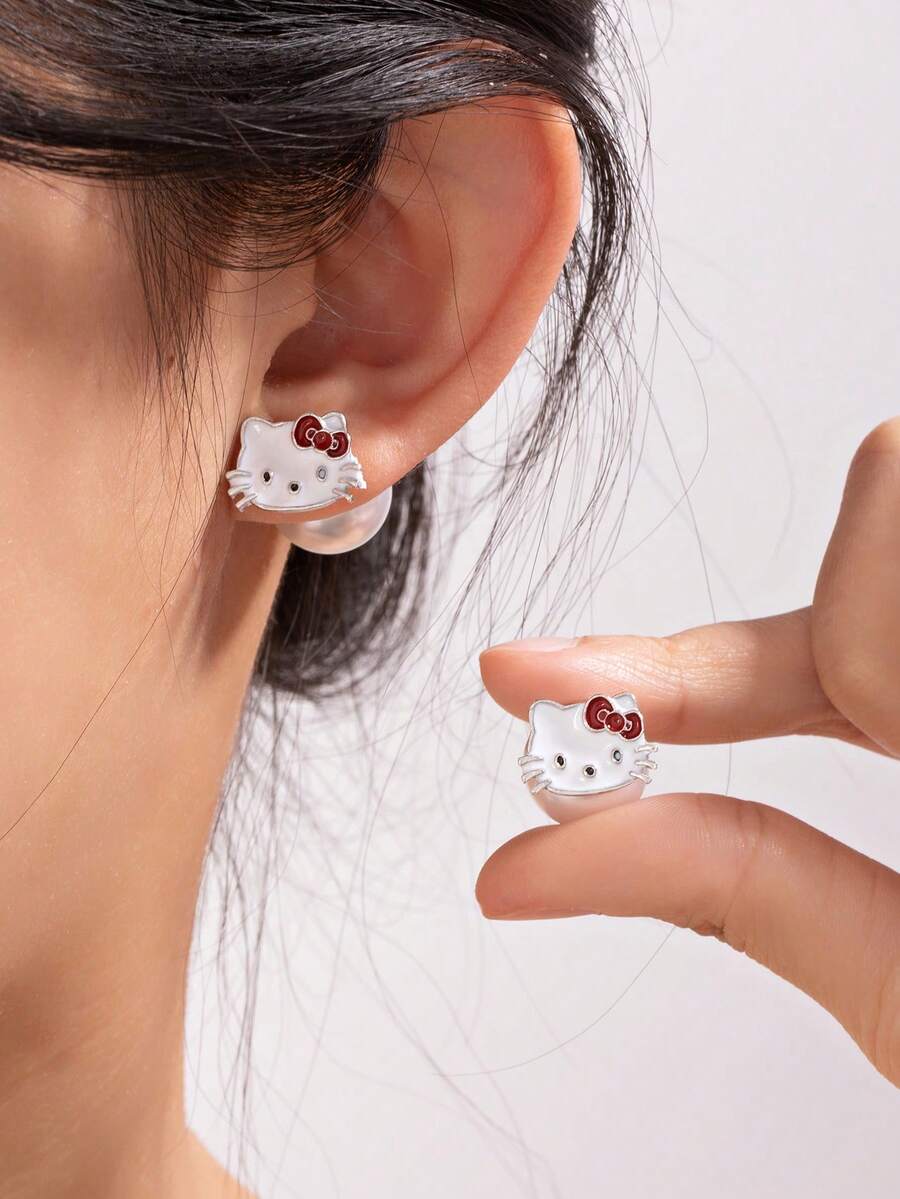 SANRIO 1 Pair Cute Cartoon Kitty Cat Stud Earrings, Sweet & Versatile Earrings For Girls - Multicolor - View 1