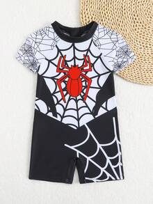 Áo tắm tay ngắn raglan in hình nhện cho bé trai, thích hợp cho mùa hè. - Đen và trắng - Xem 4