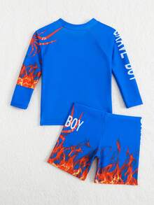 男童卡通火焰蜘蛛印花长袖两件式泳衣 - 藍色 - 查看 5