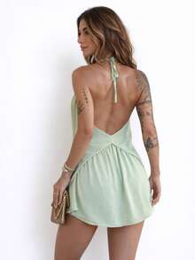 Conjunto Shorts Saia Feminino com Blusa Decote V Look Moderno e Confortável - Verde Menta - Visão 3