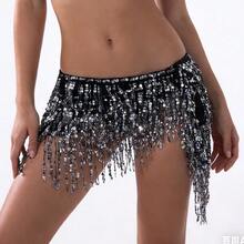 1件装女士波浪腰链肚皮舞服装，可调节亮片流苏雪纺舞裙，不对称摆裙，适合纱丽风格，适用于狂欢节、派对、夜总会、海滩、异域风情服装装饰、波西米亚风、复古风 - 彩色 - 查看 7