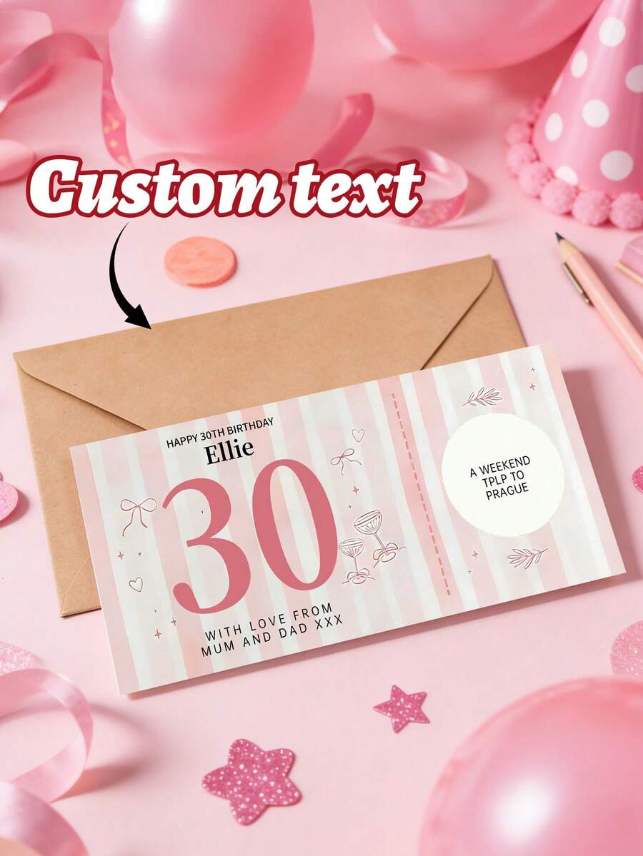 1pc Customize 30th Birthday Scratch-Off Card, Personalized Travel Experience Boarding Card,Pink Striped & Cute Doodle Design Milestone Birthday Scratch-Off Card,Scratch-Off Ticket For Trip Gifts,Birthday Surprise Travel Gift,Birthday Gifts - Multicolor - View 1
