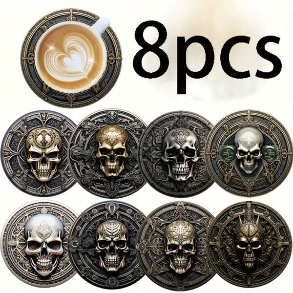 8/80pcs Round Wooden Coasters - Stylish Dark Skull Design, 2D Printed - Heat Resistant Drink Coasters, Ideal For Home And Office Decor | Perfect For Coffee Tables, Desks, Kitchens, Tabletops | Great For Mother's Day, Valentine's Day, Wedding Season, Birthday Parties, Holiday Dining | Decorative Tableware