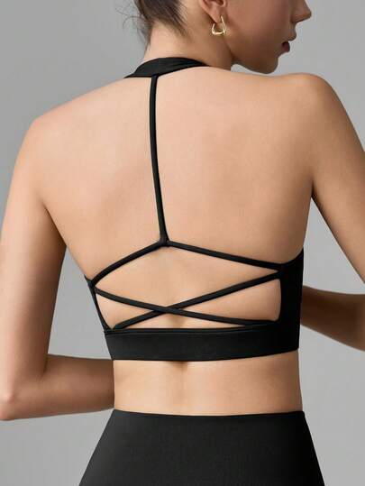 ATTRACO 性感露背吊带瑜伽背心，镂空透气带衬垫运动文胸，圆领健身文胸