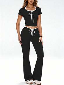 TCVC Women's Fashion Contrast Color Soft & Stretchy Short Sleeve Pants Casual Sports Suit Black Summer - Black - View 2