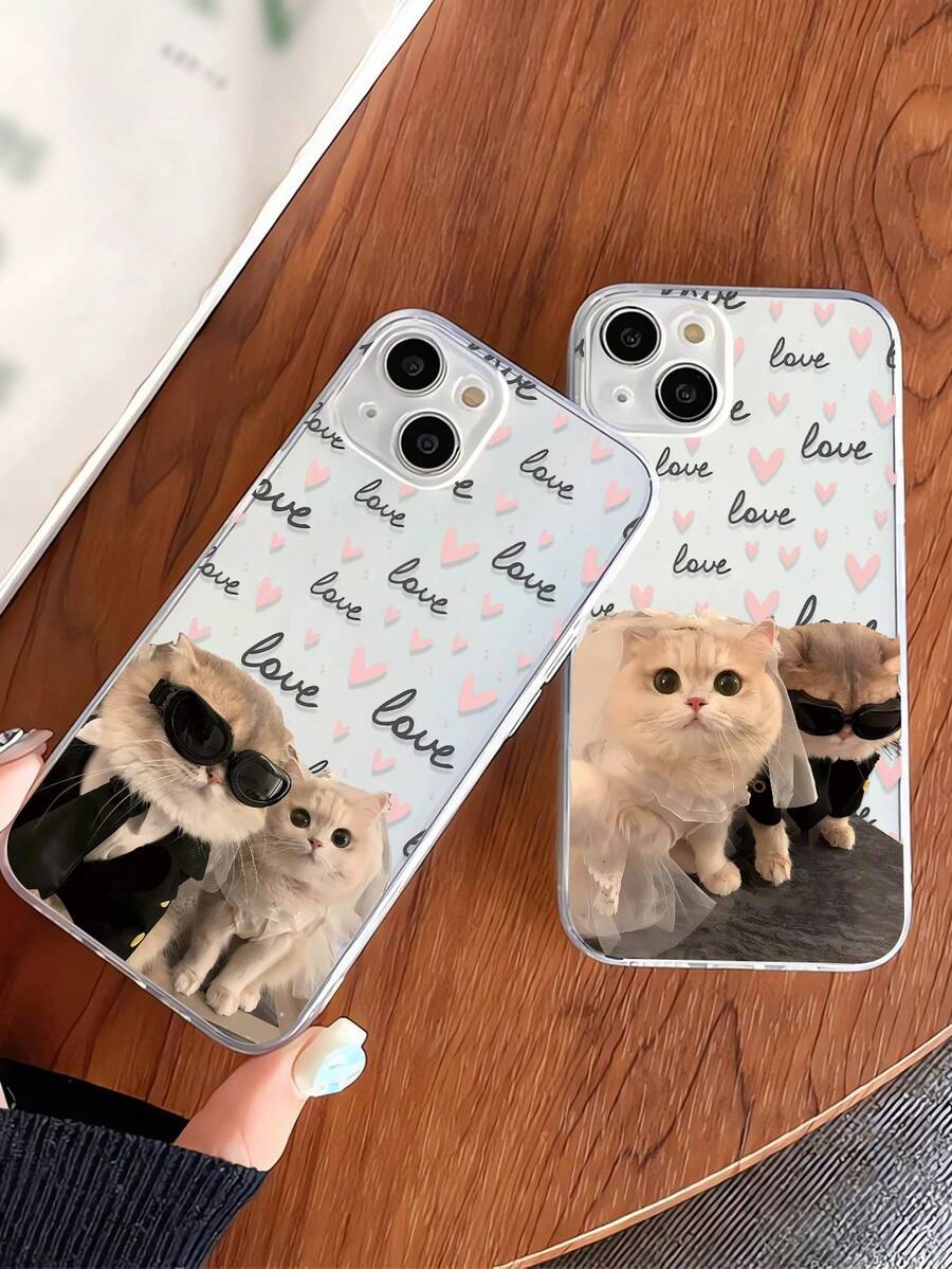 2件装情侣猫咪爱心图案透明TPU全包防震防指纹手机壳，兼容Galaxy Galaxy 17/17 Pro/17 Pro Max/16/16 Pro/16 Plus/15/15 Pro Max/15 Pro/11/12/13/14 Pro Max/11 Pro/11 Pro Max/12 Pro/12 Pro Max/13 Pro/13 Pro Max/14 Pro/14 Pro Max，创意高级软壳 - 彩色 - 查看 1