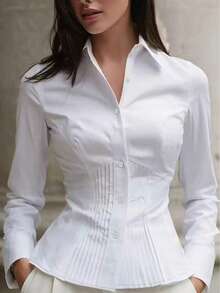 女士新款畅销春秋季休闲衬衫，长袖设计，适合日常通勤和办公穿着，腰部褶裥设计凸显腰线和身材曲线，白色 - 白色 - 查看 2