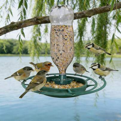 户外喂鸟器/喂食器，花园塑料可乐瓶悬挂式喂鸟器，【DIY改造工具】空瓶子变身喂鸟器！挂在阳台/花园里，它会自动投放食物，野生鸟类会来觅食！