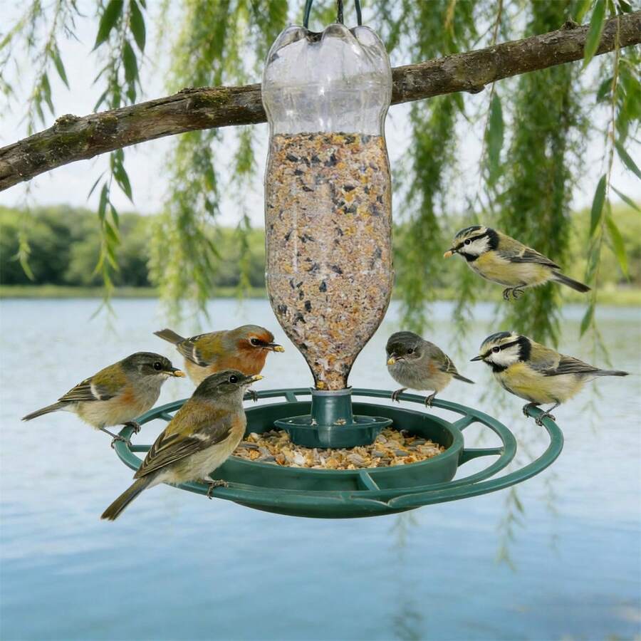 户外喂鸟器/鸟食槽，花园塑料瓶悬挂式喂鸟器，【DIY改造工具】空瓶变身喂鸟器！悬挂在阳台/花园，自动出食，野生鸟类会来觅食！ - 綠色圓盤鳥類餵食器 - 查看 1