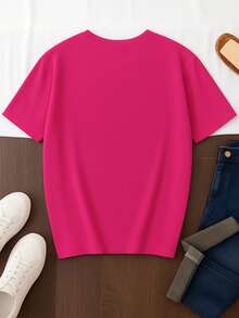 Camiseta Casual de Mujer con Estampado de Leopardo y Gráfico de Corazón & Línea Semi-Transparente de Cuello Redondo, Manga Corta, Transpirable para Verano, Lavable a Máquina, Material Semitransparente - Fiusha - Ver 2