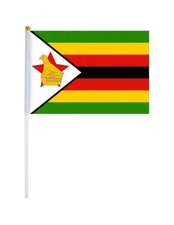 Banderas de Mano Zimbabuee Desfiles, 1613 1kit, Zimbabuee, 14x21cm, Tela Poliéster, Asta Plástico. Banderas de Mano Zimbabuee Desfiles