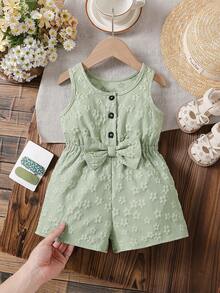 Baby Girls' Cute Solid Color Round Neck Sleeveless Bow Decor Button Design Half-Placket Romper, Suitable For Home, Daily Wear And Outings, Spring/Summer - Green - View 2