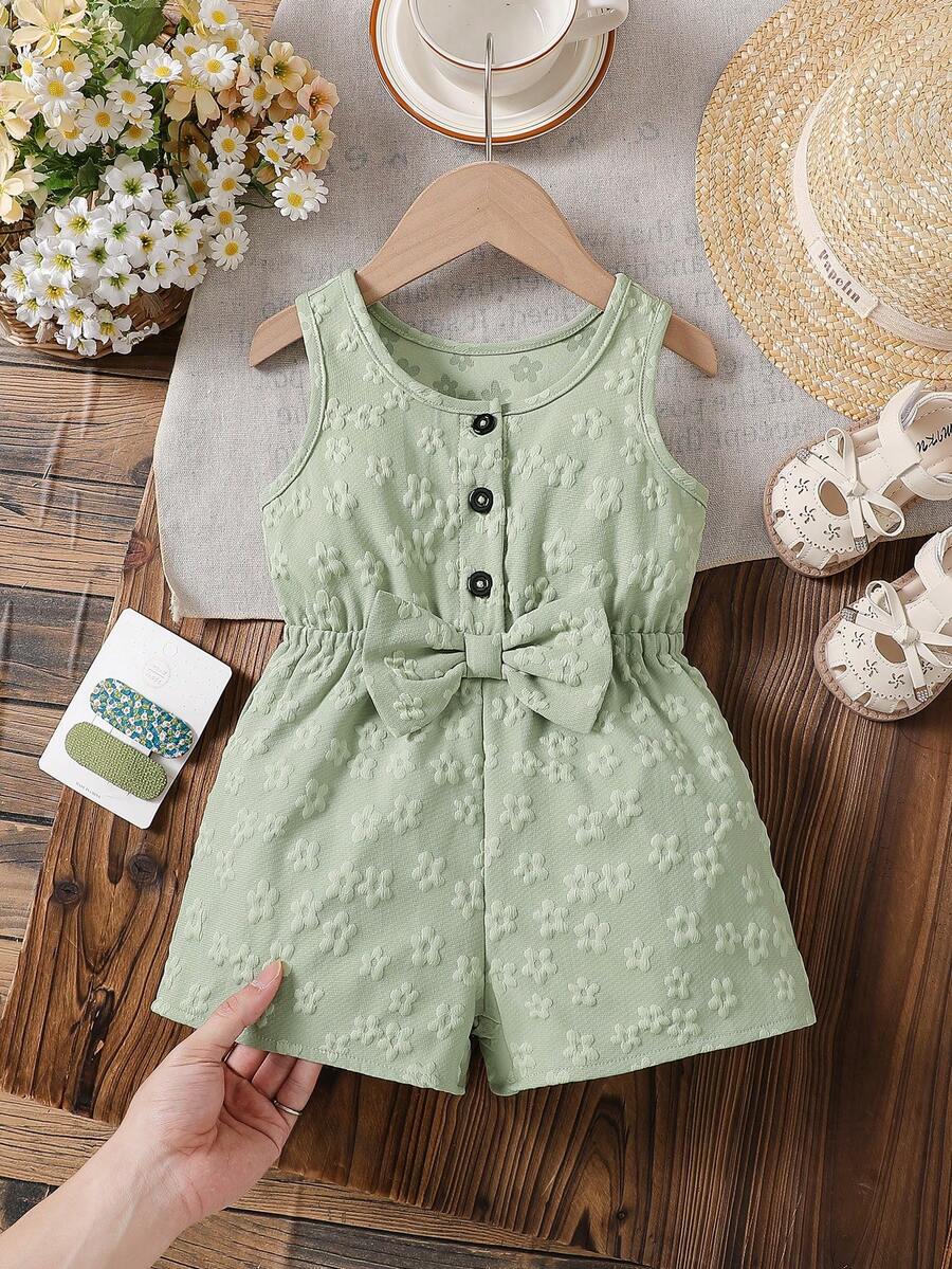 Baby Girls' Cute Solid Color Round Neck Sleeveless Bow Decor Button Design Half-Placket Romper, Suitable For Home, Daily Wear And Outings, Spring/Summer