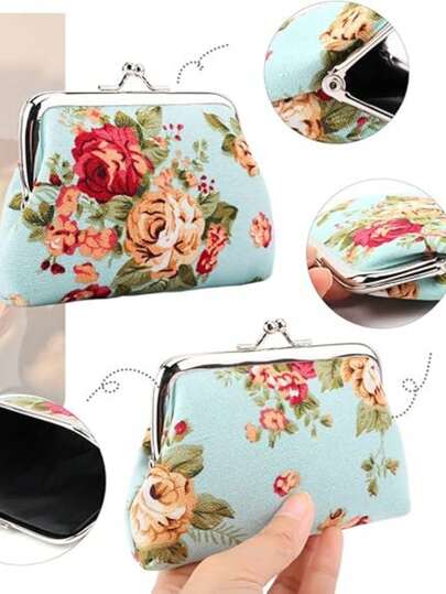 1 PC Floral Coin Purse,Rose Kiss Lock Change Purse For Girl,Small Cute Wallets With Clasp,Vintage Car Coin Pouch For Girls