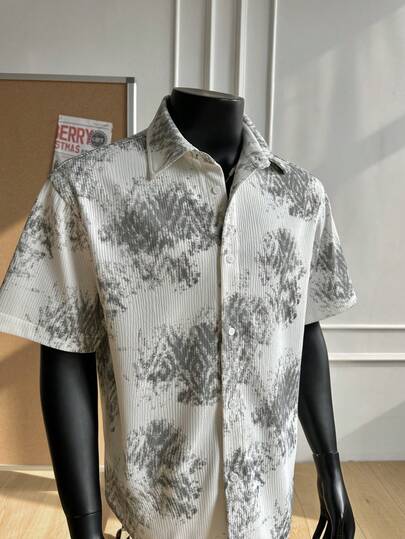 1pc Men's Black Tie-Dye Textured Collared Short Sleeve Shirt, Breathable Soft Knit Fabric, Skin-Friendly, Thick Yet Non-Wrinkle, Machine/Hand Washable, Suitable For Business Casual, Street Style, Vacation Outfit, Old Money Style