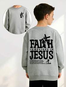 FAITH IS BELIEVE IN JESUS Jesus Carrying The Cross Print Boys' Crew Neck Top, Soft Fabric, Warm And Comfortable Long Sleeve Sweatshirt, Stylish And Versatile, Suitable For Boys To Wear For Traveling, Back To School Days, Festivals, Outdoor Games And Daily Casual Wear, Ideal For Autumn And Winter - Grey - View 7