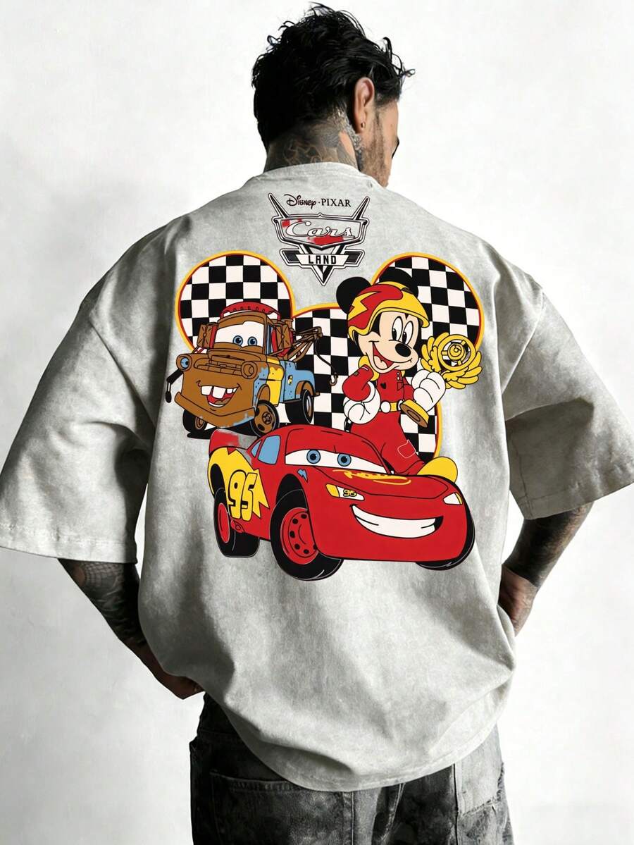 Disney-Disney Pixar Collaboration Pure Cotton Short Sleeved T-Shirt Men's Summer Loose Plus Size Top Racing Mobilization Mickey Lightning McQueen Board Teeth Cartoon Print Casual Half Sleeved Parent-Child Outfit - 淺灰色 - 查看 1