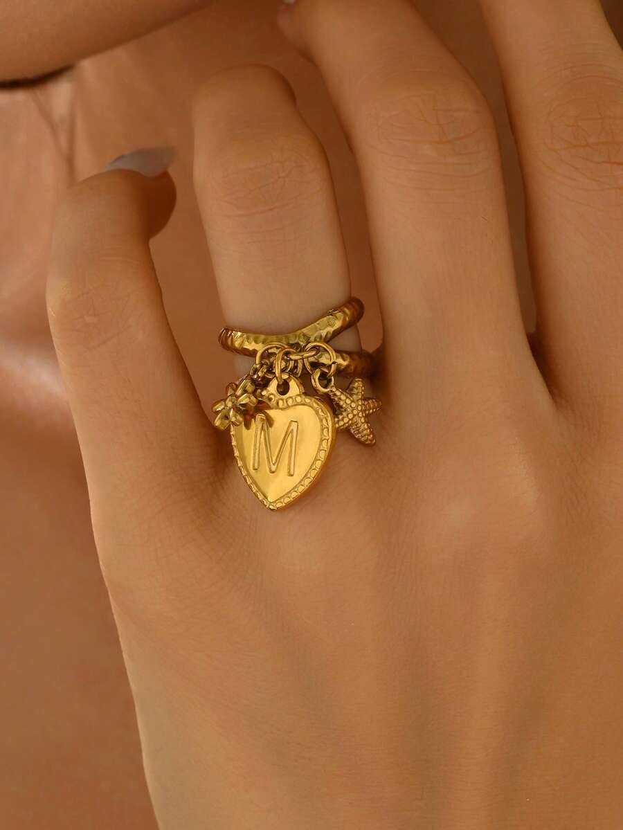 1pc Fashion Design 18k Gold Plated Stainless Steel Heart Initial Letter Charm Ring 26 A-Z Initial Alphabet Flower Starfish Pendant Open Ring Suitable For Women's Daily Wear Jewelry Gifts - Ring.. - View 1