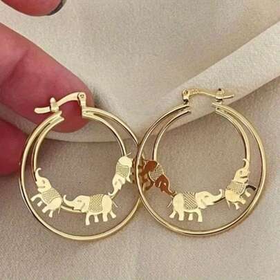 1 Pair Vintage Elegant Animal Earrings, Handmade Gold Elephant Earrings For Women, Suitable For Parties And Dates, Perfect Anniversary Or Valentine's Day Gift For Wife Or Girlfriend