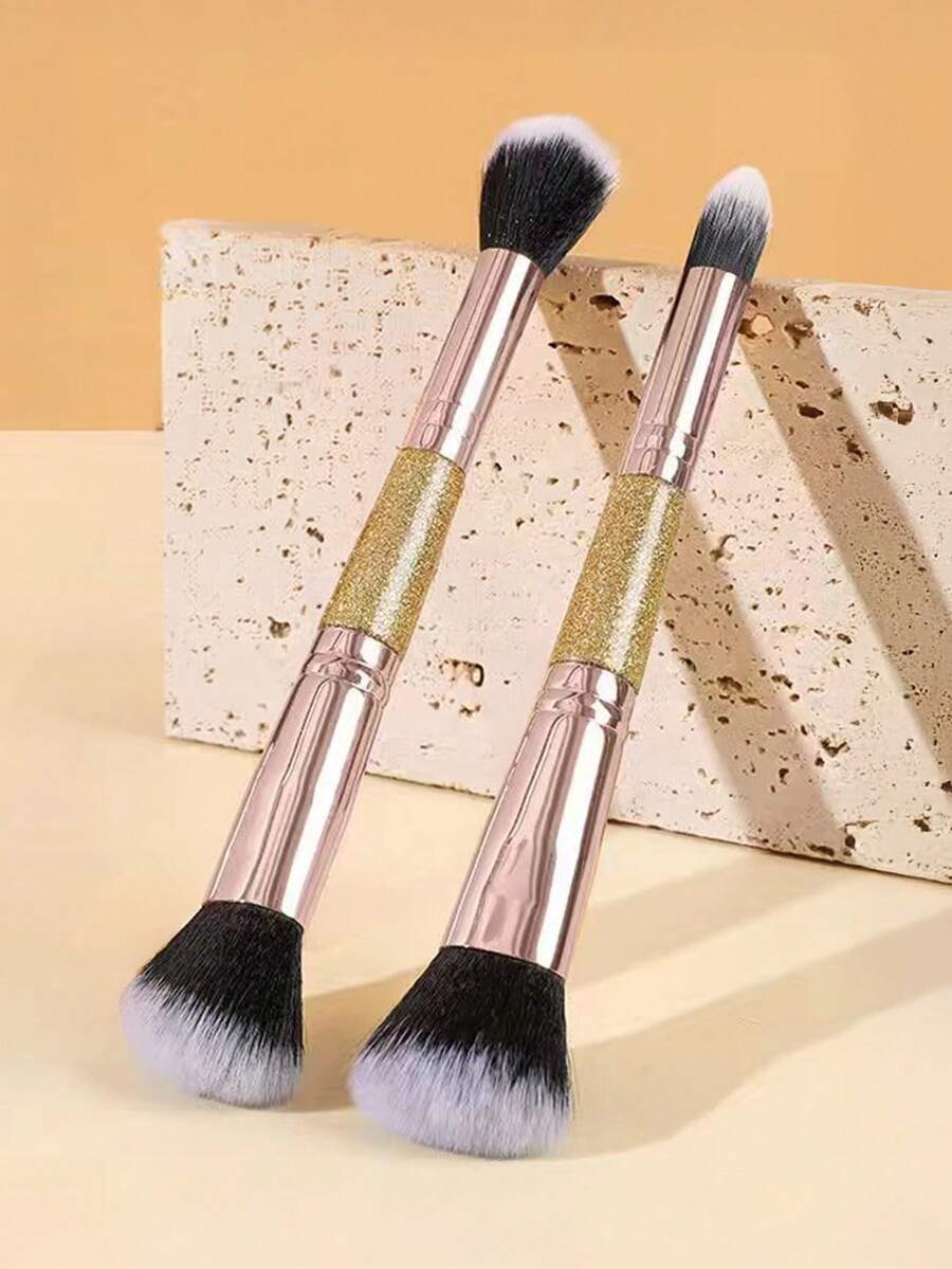 2-In-1 Dual-Ended Makeup Brush, Foundation Brush, Blush Brush, Contour Brush, Large Fluffy Fan Brush + Precise Angled Brush, Oil Control Base Makeup Tool - Multicolor - View 1