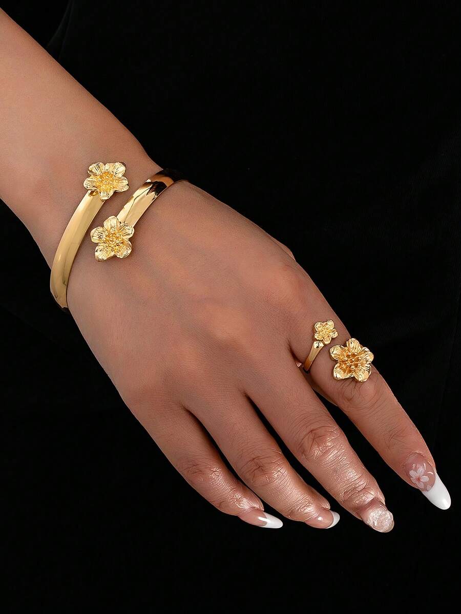2pcs/Set Fashionable Elegant Metallic Flower Bracelet And Ring Jewelry Set For Women - Yellow Gold - View 1