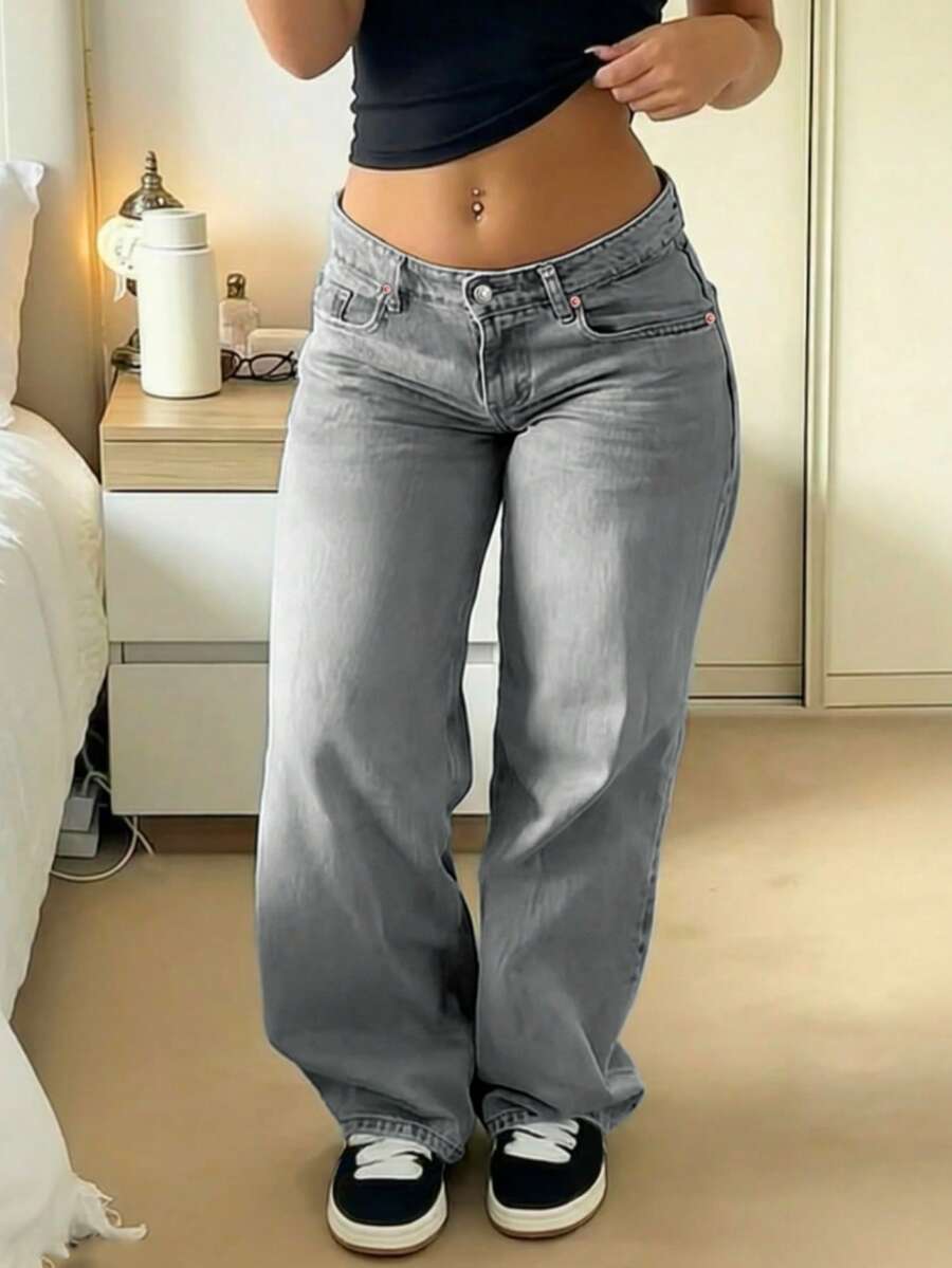 MYOURSA Quần jeans nữ ống rộng cạp thấp dáng suông, phong cách vintage rách rưới thời trang đường phố Y2K, phong cách sinh viên thường ngày, mùa xuân. - Màu Xám nhạt - Xem 1