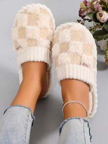 Women's Fluffy Slippers, Autumn And Winter Indoor Home Slippers, Warm Fleece-Lined, Thick-Soled, Couple Cotton Slippers - Beige - View 2