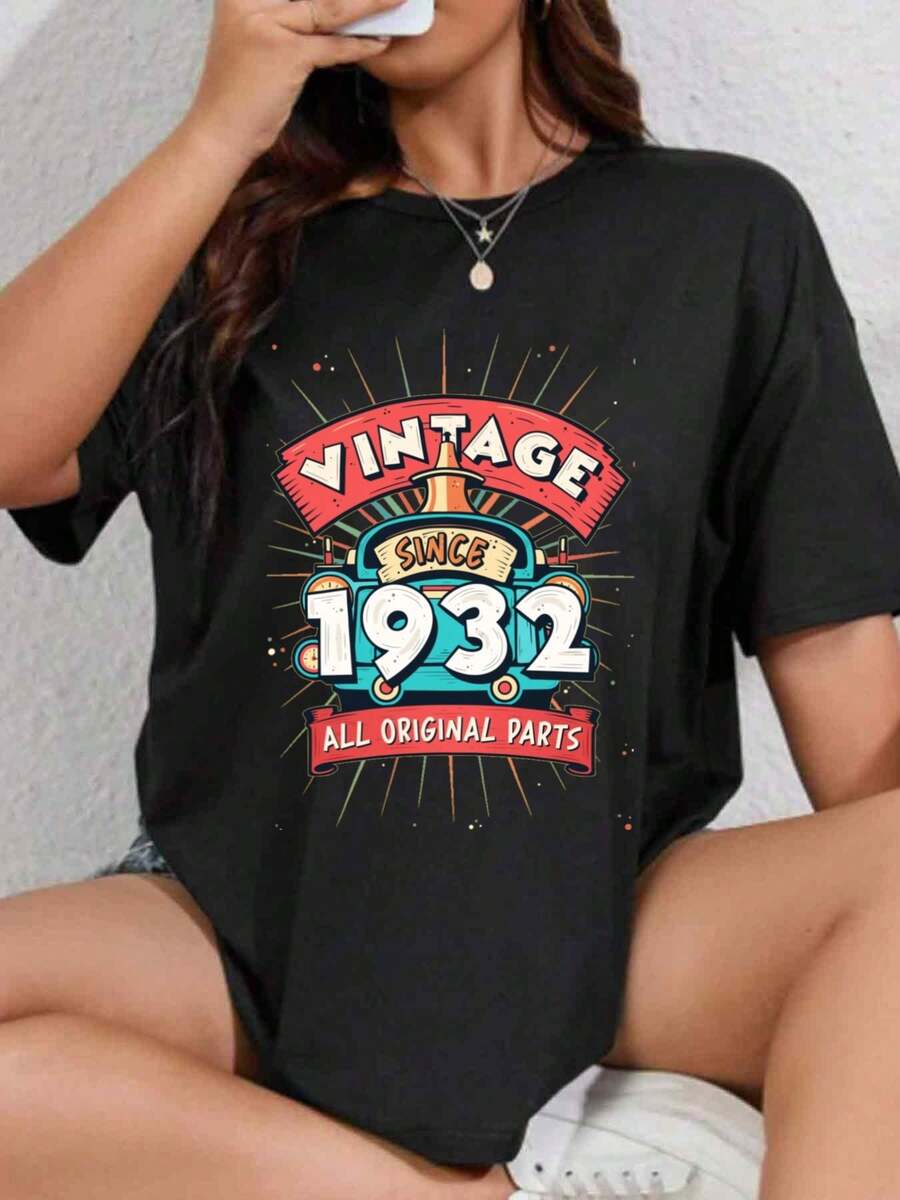 1pc Women's 180g Heavyweight 100% Vintage 1932 Retro T-Shirt - Turquoise & Red 80s/90s Graphic Print, Short Sleeve Round Neck Casual Tee For 1930s Th - 黑色 - 查看 1
