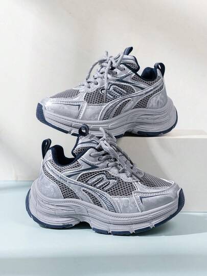 2026 Spring & Autumn New Kids Shoes, Boys Letter Casual Chunky Sneakers, Girls Mesh Breathable Running Sports Shoes