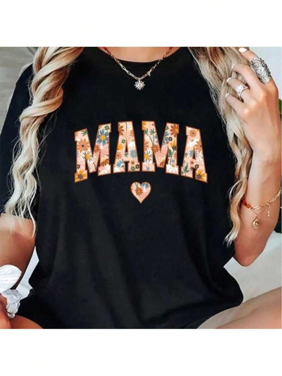 100% Cotton Floral Mama Shirt Mothers Gardener Mama Flowers Cute T-Shirt - Black - View 1