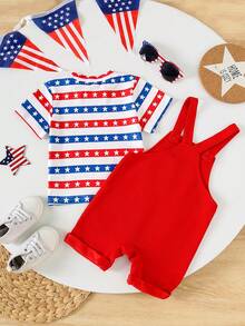 Bộ đồ cho bé ngày Quốc khánh 4 tháng 7 gồm 2 món: Áo yếm đỏ + Áo thun in hình cờ Mỹ - Áo liền quần ngắn tay mùa hè cho bé sơ sinh - Đỏ - Xem 2