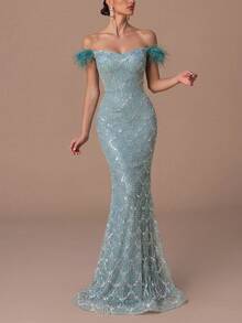 Faeriesty Luxury Beaded & Sequin Maxi Dress - Sparkling Geometric Beading And Feather Shoulder Details, Fitted Mermaid Silhouette With Floor-Length Hem, Suitable For Galas, Weddings, Red Carpets And Other Formal Occasions To Showcase Alluring Elegance. - Cadet Blue - View 2
