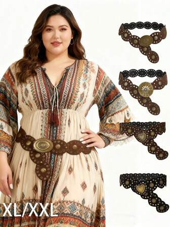 1 pieza Cinturón de ante retro de talla grande para mujer, bloque de color negro y café, hebilla gruesa con formas ovaladas y de corazón, adecuado para vestidos, abrigos, suéteres, pantalones, apropiado para fiestas, calle, citas, campus, festivales de música, invierno, Navidad, imprescindible para mujeres de talla grande