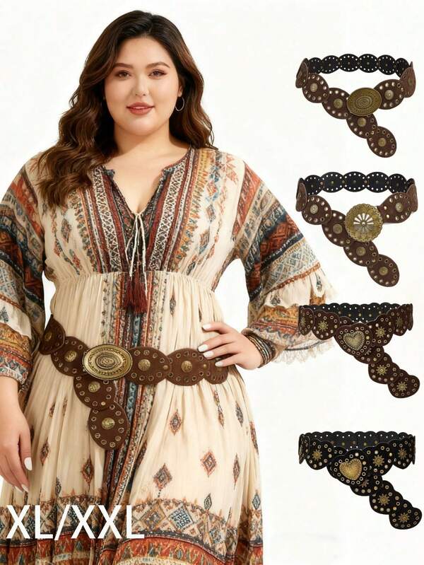 1pc Plus Size Women's Retro Suede Patchwork Belt, Black & Coffee Color Block, Oval & Heart Shape Chunky Belt, Suitable For Dresses, Coats, Sweaters, Pants, Suitable For Party, Street, Date, Campus, Music Festival, Winter, Christmas, Must-Have For Plus Size Women