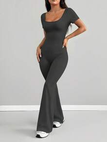 AITYI Studio 女士连体裤，修身舒适，休闲 U 领纯色时尚性感修身款，适合户外运动，百搭实用，适合毕业典礼、新年、情人节、春夏等场合，弹力针织短袖喇叭裤腿连体裤 - 鉛灰 - 查看 6