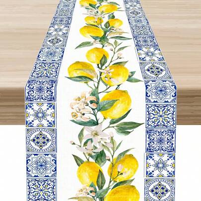 1pc Blue Floral + Lemon Pattern Tablecloth, Farmhouse Style Polyester Square Printed Table Runner, Suitable For Living Room, Coffee Table, Kitchen, Dining Table, Entryway, Summer Decor