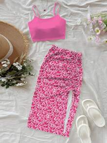 女士两件套印花可爱优雅休闲荷叶边抽绳开衩下摆沙滩度假装 - 玫紅色 - 查看 2