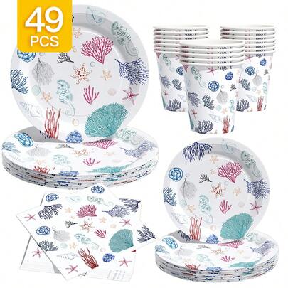 1 Set Ocean Animal Themed Disposable Tableware, Including Plates, Napkins, Cups, Suitable For 8 Guests, Ideal For Birthday, Wedding, Party, Family Picnic