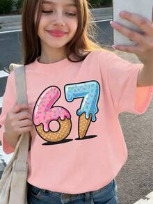 少女冰淇淋卡通“67”印花T恤，面料柔软舒适，时尚夏季上衣，适合日常穿着、街头风和校园风。 - 粉色 - 查看 4