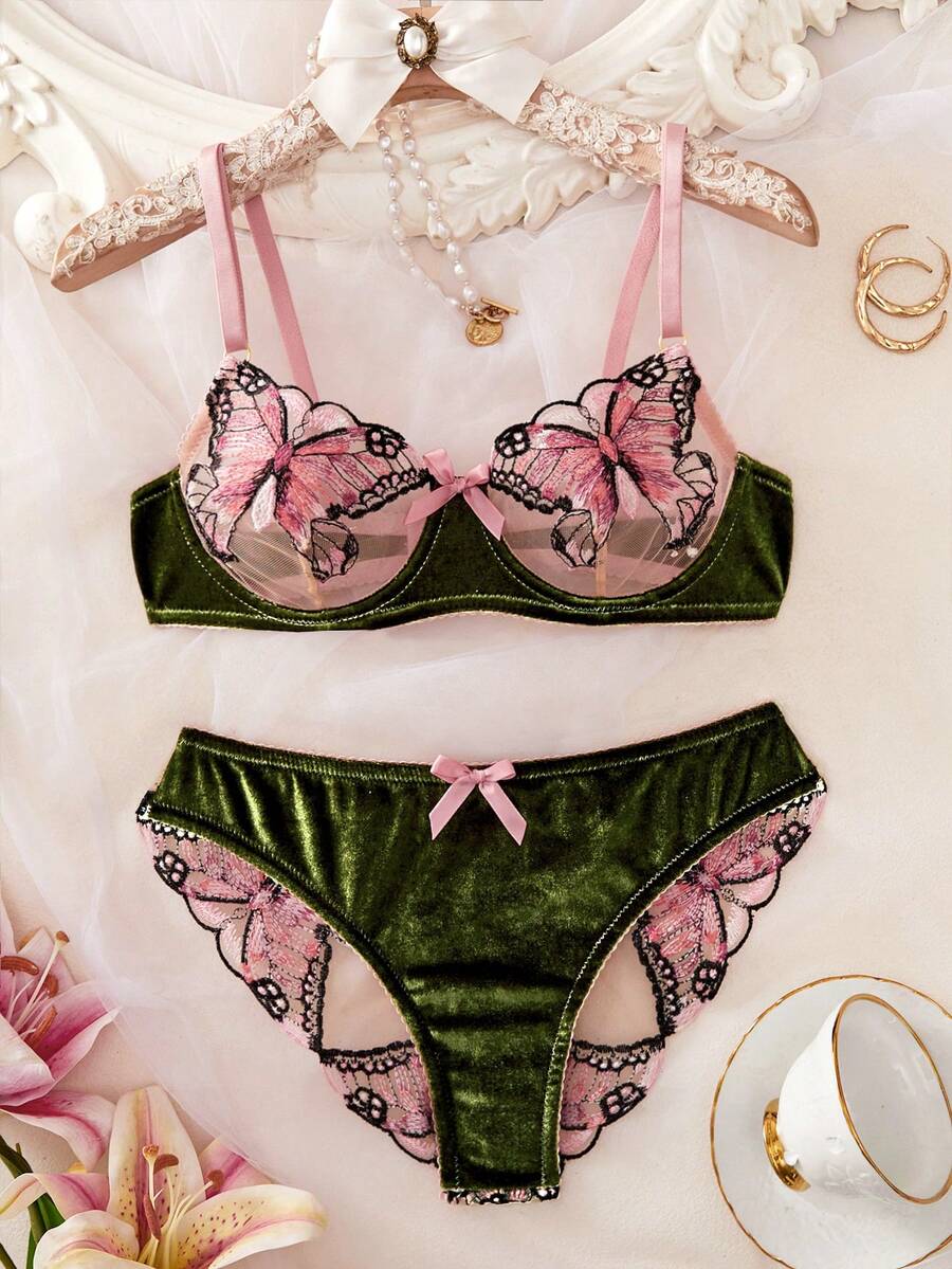 2pcs Women's Adjustable Strap Bra And Panty Set, Butterfly Pattern Lingerie, Comfortable Semi-Sheer Sexy Underwear Set - Dark Green - View 1