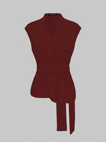 Bộ 2 món thanh lịch, thoải mái, thích hợp đi làm, công sở, kiểu Pháp: Áo vest không tay thắt eo + Quần ống rộng, thích hợp mặc mùa hè. - Màu Đỏ Sâu - Xem 9