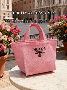 Prada Large Capacity Shoulder Makeup Bag, Canvas/Straw Travel Toiletry Bag, Vacation Essentials Cosmetic Organizer - Pink - View 1