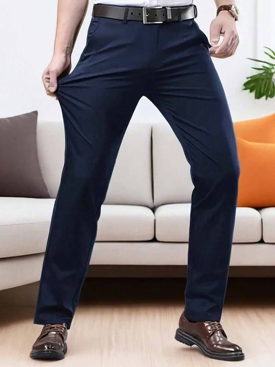 Pantalones clásicos para hombres, pantalones de vestir de unicolor y elásticos para ocasiones de negocios en primavera/verano, de estilo elegante y de lujo - azul real - Ver 1