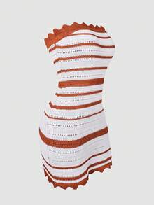 Apperloth A Apperloth 女士针织连衣裙，波西米亚风无肩带修身性感荷叶边镂空半透明条纹中长波浪针织连衣裙，适合夏季休闲日常、海滩、度假、派对等场合穿着。 - 棕白色 - 查看 8