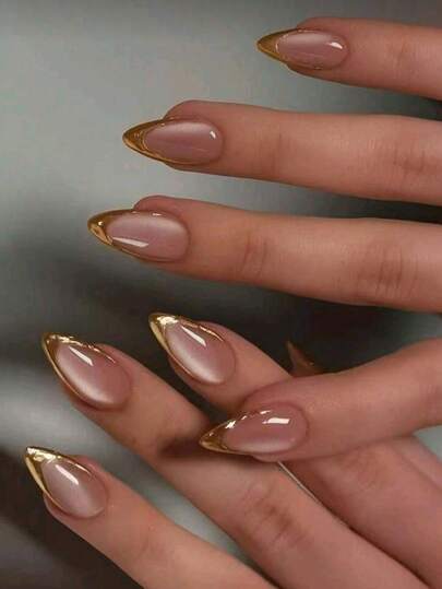 24 piezas de uñas postizas con forma de ojo de gato y almendra en tono dorado, estilo europeo y americano, adecuadas para días laborales de primavera y otoño y uso diario, incluye gel de gelatina y lima de uñas, suministros reutilizables para arte de uñas