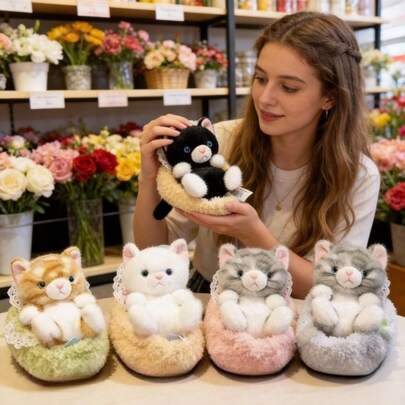 18厘米可爱篮子猫毛绒公仔，创意安抚娃娃摆件，儿童礼物，陪伴娃娃桌面装饰