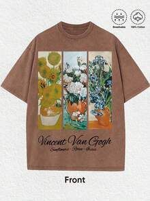 1 PCS Retro Distressed Washed Brown Aesthetics Front Triptych Van Gogh Classic Floral Oil Paintings (Sunflowers / White Roses / Irises) + Black Handwritten "Vincent Van Gogh" Typography + "Sunflowers - Roses - Irises" Subtitle 100% Cotton Breathable Unisex Oversized Short Sleeve Tee, Art Gallery Visits, Casual Hangouts, Coffee Dates, Summer Outings, Daily Urban Wear, Excellent Gift For Art Lovers & Friends & Family - Cà phê nâu - Xem 1
