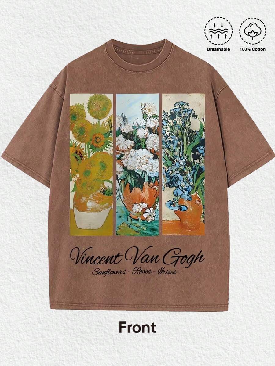 1 PCS Retro Distressed Washed Brown Aesthetics Front Triptych Van Gogh Classic Floral Oil Paintings (Sunflowers / White Roses / Irises) + Black Handwritten "Vincent Van Gogh" Typography + "Sunflowers - Roses - Irises" Subtitle 100% Cotton Breathable Unisex Oversized Short Sleeve Tee, Art Gallery Visits, Casual Hangouts, Coffee Dates, Summer Outings, Daily Urban Wear, Excellent Gift For Art Lovers & Friends & Family - Cà phê nâu - Xem 1